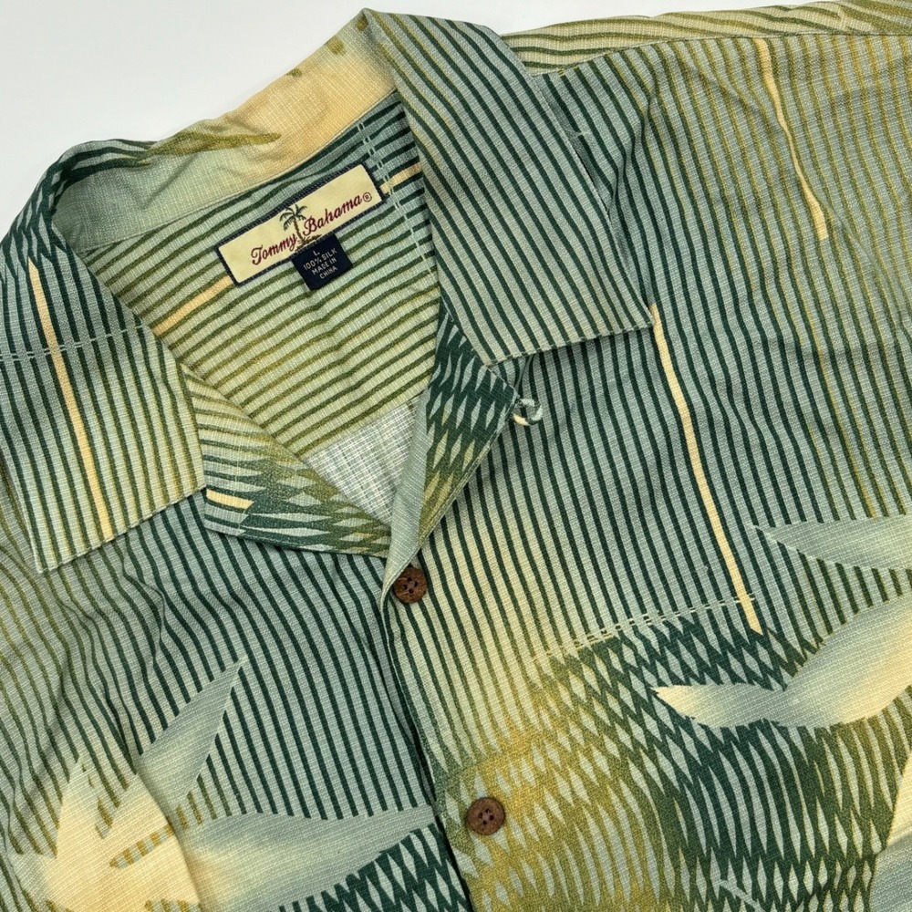 Tommy Bahama Silk Green Striped Palm Tree‎ Print Button Up Shirt Mens Large
